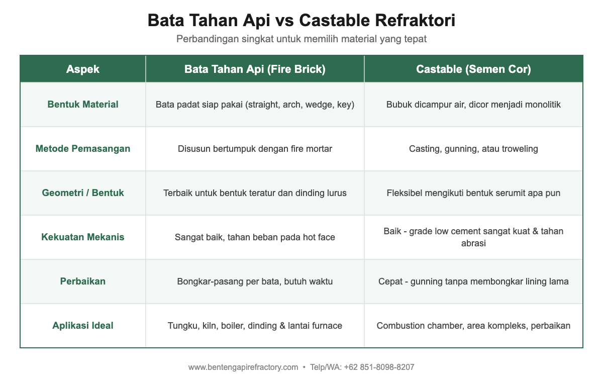 Tabel perbandingan bata tahan api vs castable refraktori